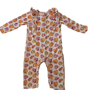 Chick Pea 6-9 months orange pink pumpkins long pants romper ruffle detail